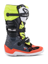 Alpinestars Youth Tech 7S Boots, Motocross Off-Road Boots, Dark Gray, Fluorescent Red and Fluorescent Yellow, featuring white sole and multiple buckle closures, rugged construction for junior riders
