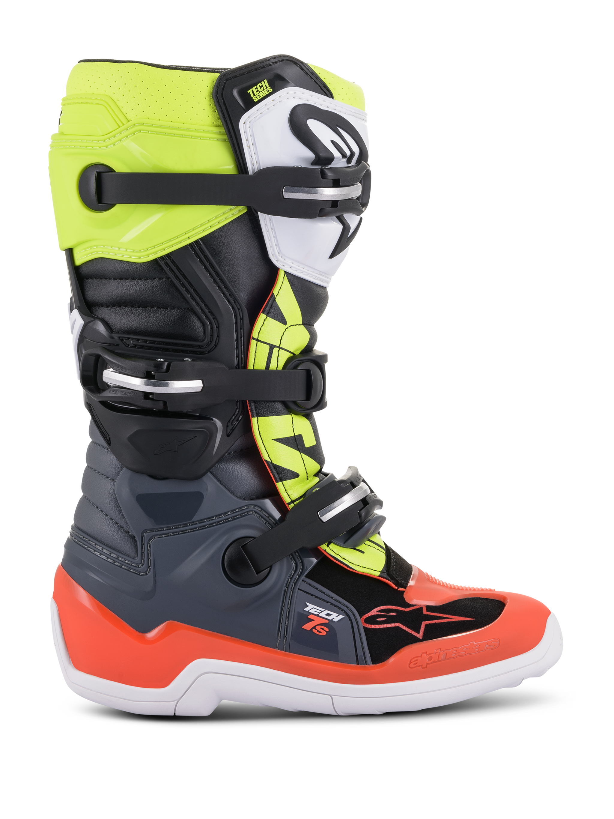 Alpinestars Youth Tech 7S Boots, Motocross Off-Road Boots, Dark Gray, Fluorescent Red and Fluorescent Yellow, featuring white sole and multiple buckle closures, rugged construction for junior riders