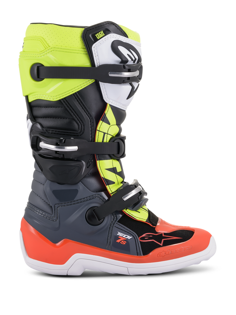 Alpinestars Youth Tech 7S Boots, Motocross Off-Road Boots, Dark Gray, Fluorescent Red and Fluorescent Yellow, featuring white sole and multiple buckle closures, rugged construction for junior riders