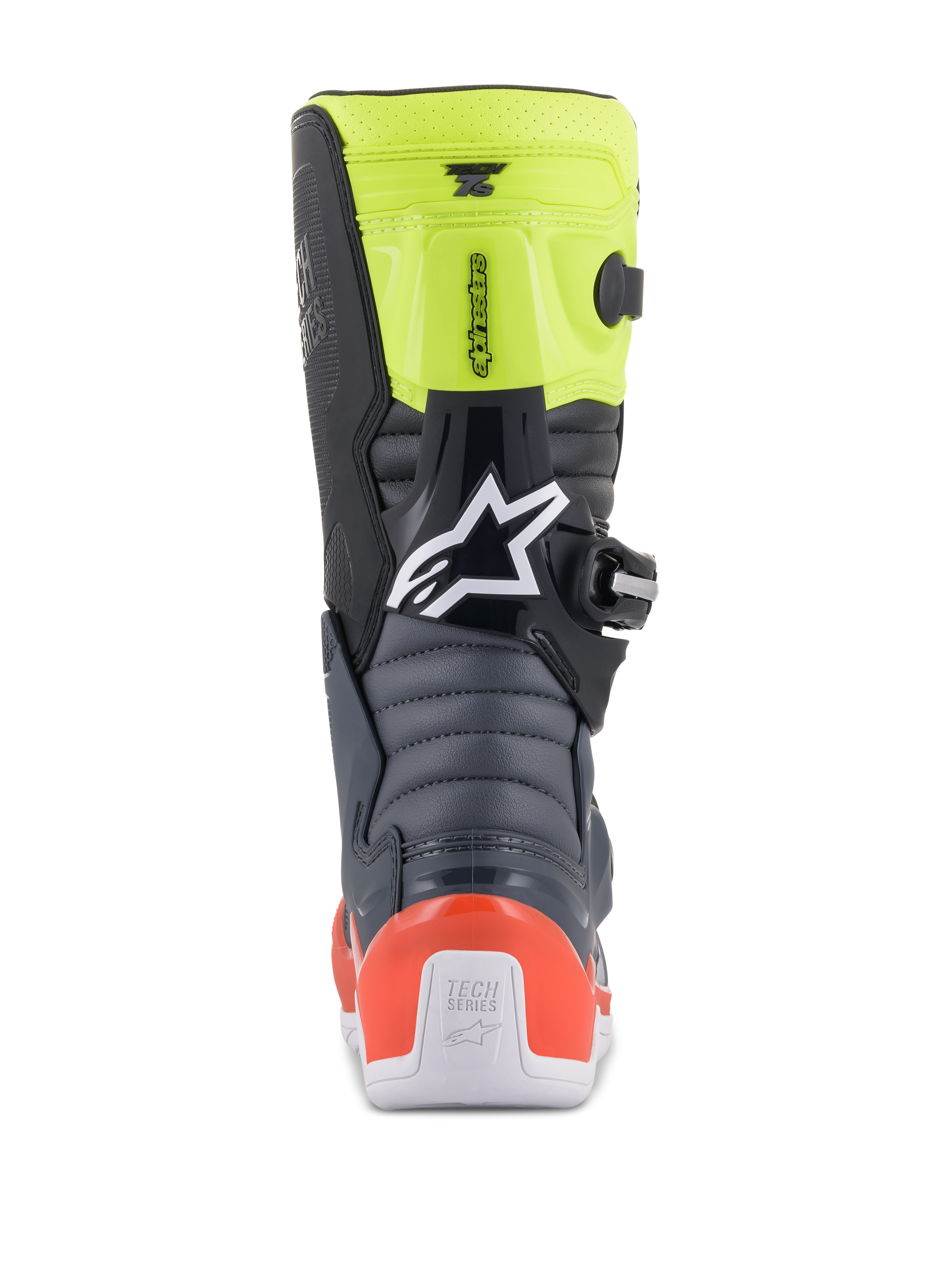 Alpinestars Youth Tech 7S Boots, Youth Motocross Boots, Dark Gray, Red Fluorescent, and Yellow Fluorescent, rear view showing accordion flex zones, red heel protector, and white Alpinestars logo