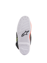 Alpinestars Youth Tech 7S Boots, Motocross Boots, Dark Gray Red Fluorescent and Yellow Fluorescent, bottom sole view showing white high-grip rubber sole with black Astars logo, durable construction for off-road riding
