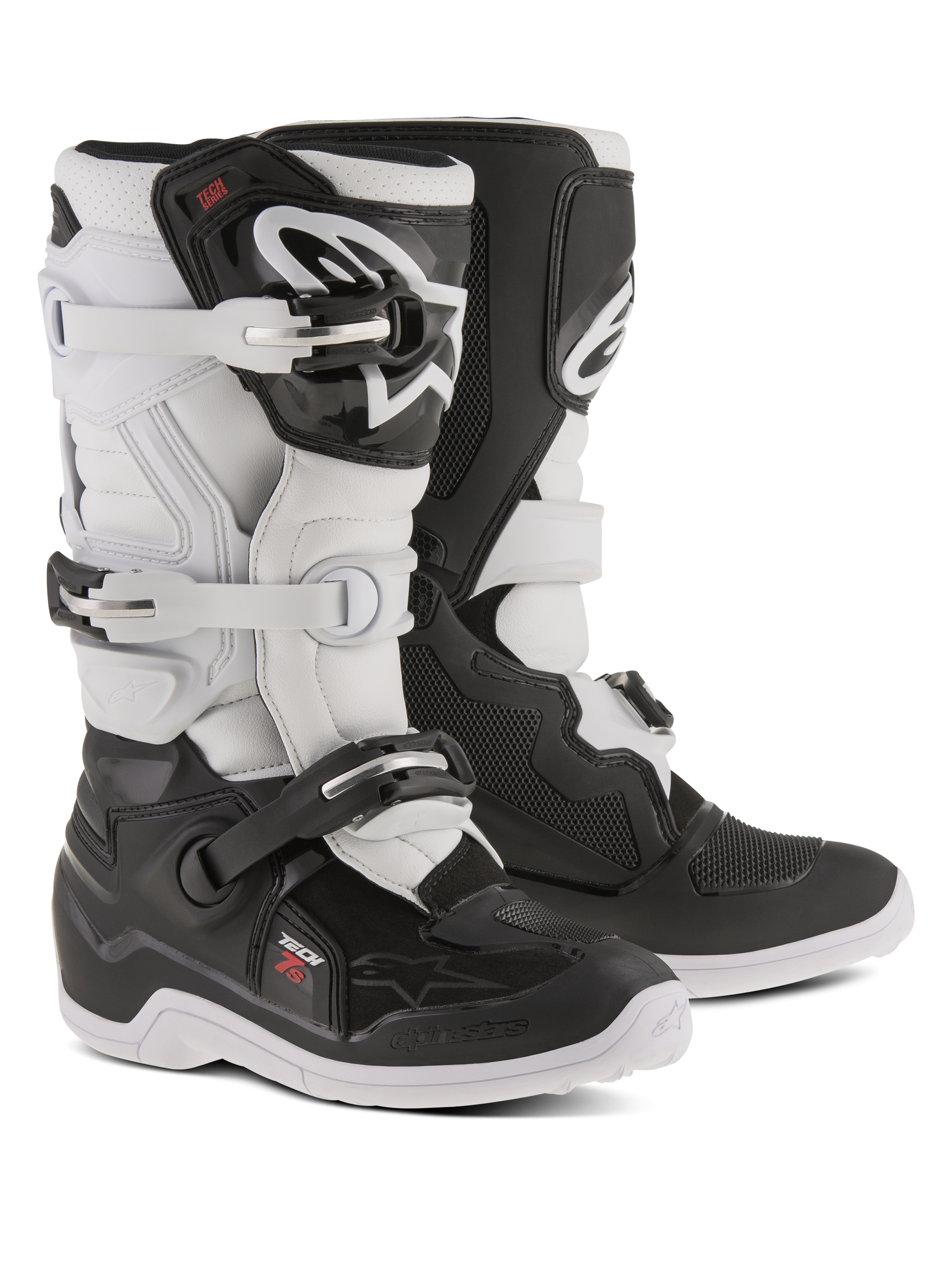 Alpinestars Youth Tech 7S Boots, Motocross Boots, Black and White, featuring adjustable buckle closure system, TPU shin guard and pivot system, durable construction with thick patterned soles for off-road riding