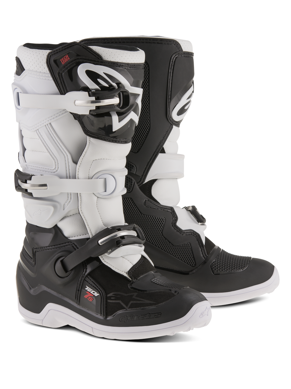 Alpinestars Youth Tech 7S Boots, Motocross Boots, Black and White, featuring adjustable buckle closure system, TPU shin guard and pivot system, durable construction with thick patterned soles for off-road riding