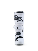 Alpinestars Youth Tech 7S Boots, youth motocross racing footwear, white and black, CE certified with TPU shin protection.