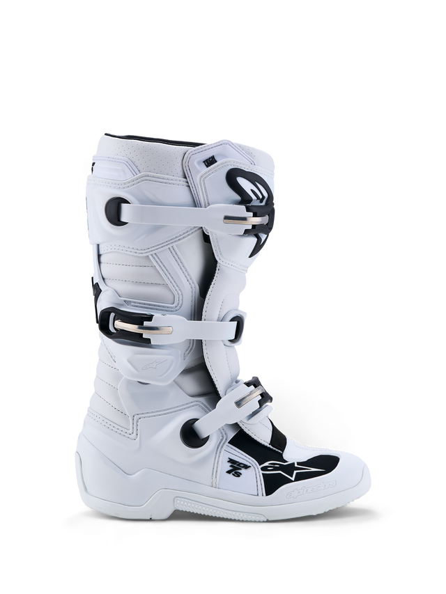 Alpinestars Youth Tech 7S Boots, junior motocross footwear in white and black with TPU protection, CE certified.
