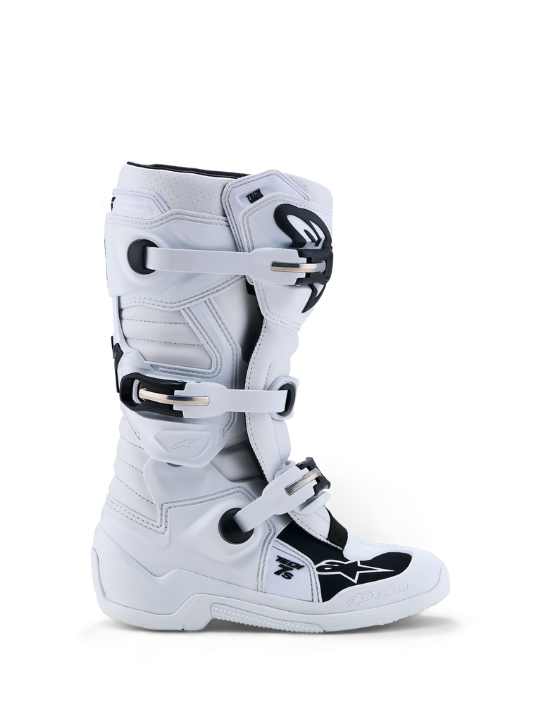 Alpinestars Youth Tech 7S Boots, junior motocross footwear in white and black with TPU protection, CE certified.
