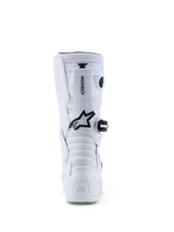 Alpinestars Youth Tech 7S Boots, white and black motocross boots for junior riders, rear view showing protective TPU plates.