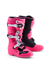 Alpinestars Youth Tech 7S Motocross Boots in Pink Fluo and Black with white accents, CE certified with TPU protection for junior riders.