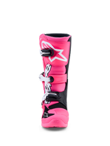 Alpinestars Youth Tech 7S Motocross Boots in Pink Fluo and Black, featuring TPU shin protection and quick-release buckles.