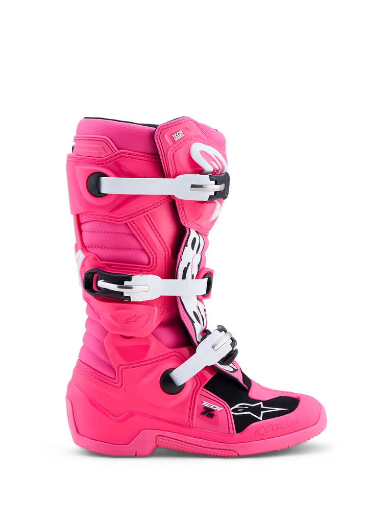 Alpinestars Youth Tech 7S Boots, pink and white youth motocross boots with synthetic TPU protection.