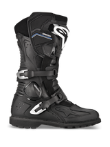 Alpinestars Toucan GORE-TEX Boots, Adventure Touring Motorcycle Boots, Black, profile view featuring dual silver aluminum buckles, GORE-TEX branding, reinforced shin guard with white logo, and rugged lugged sole