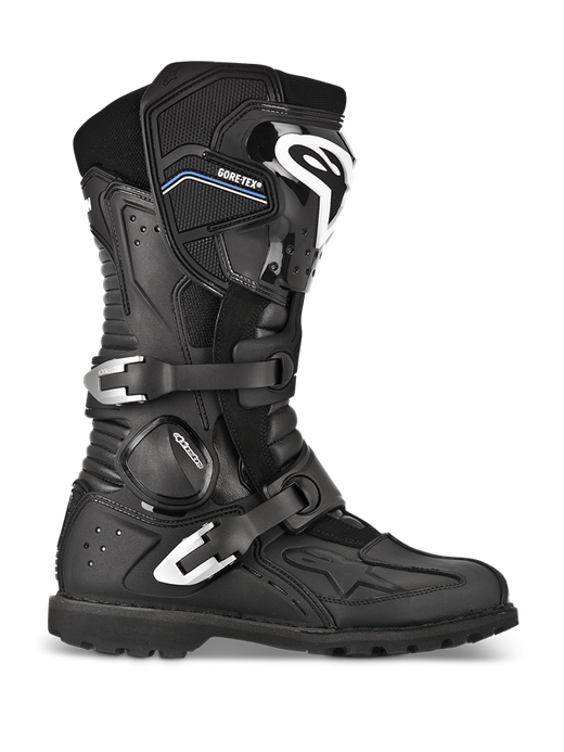 Alpinestars Toucan GORE-TEX Boots, Adventure Touring Motorcycle Boots, Black, profile view featuring dual silver aluminum buckles, GORE-TEX branding, reinforced shin guard with white logo, and rugged lugged sole