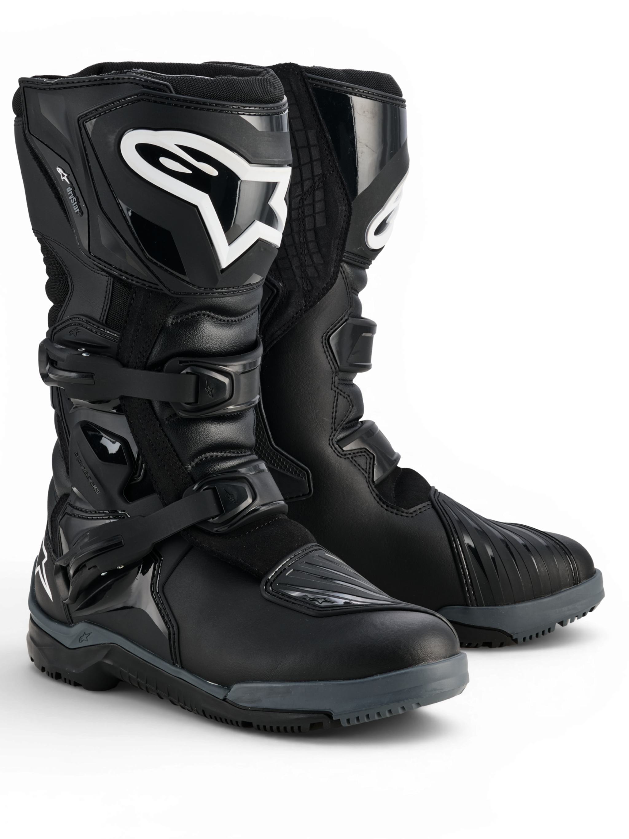 Alpinestars Corozal V2 Adventure Drystar® Boots, black waterproof adventure motorcycle boots with protective TPU shin plates, lateral ankle protection, adjustable buckles and rugged all-terrain soles, product pair shown.