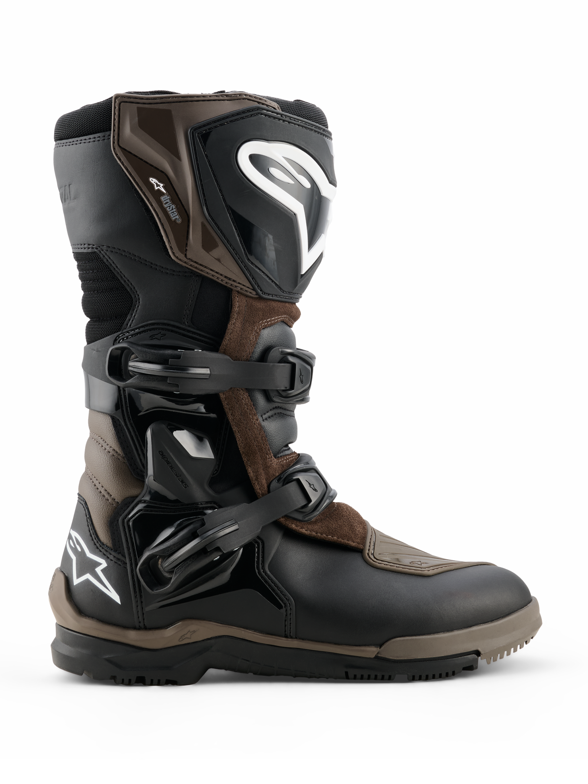 Alpinestars Corozal V2 Adventure Drystar Boots, Motorcycle Adventure Touring Boots, Brown and Black, waterproof construction with adjustable buckle straps, reinforced ankle and shin protection, rugged textured sole for all-terrain grip