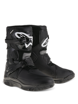 Alpinestars Belize Drystar® Boots, Adventure Touring Motorcycle Boots, Black, low-cut design with dual buckle closure system, TPU shin plate featuring white Alpinestars logo, rugged vulcanized rubber outsole for trail and road use