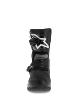Alpinestars Belize Drystar® Boots, Adventure Touring Motorcycle Boots, Black, front view featuring TPU shin plate with large white logo, dual buckle closure system, and rugged vulcanized outsole