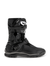 Alpinestars Belize Drystar Boots, Black Adventure Touring Boots, featuring a mid-height design with dual adjustable buckles, rugged textured outsole for grip, reinforced protection panels, white logo on the shin, waterproof motorcycle footwear