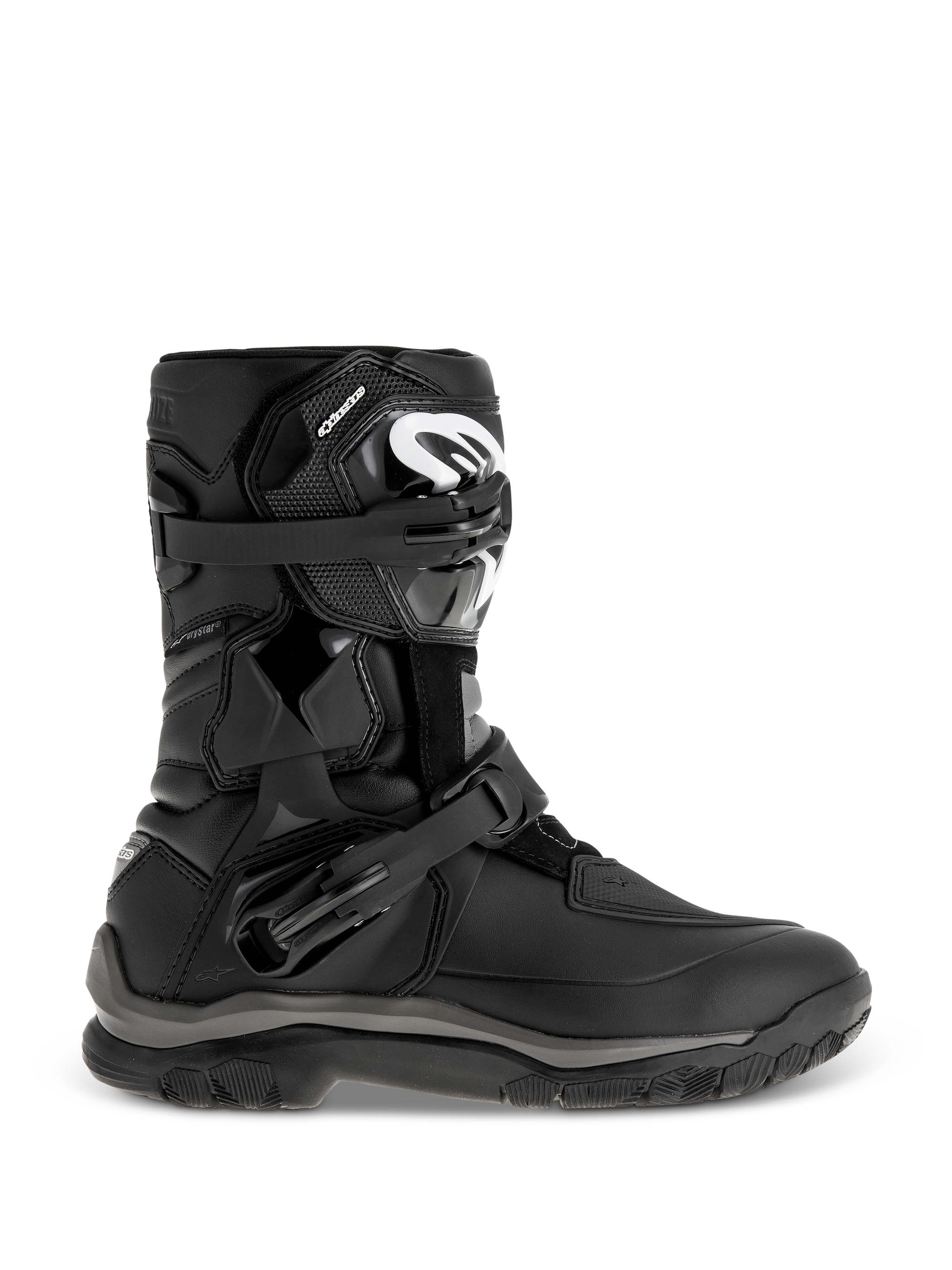 Alpinestars Belize Drystar Boots, Black Adventure Touring Boots, featuring a mid-height design with dual adjustable buckles, rugged textured outsole for grip, reinforced protection panels, white logo on the shin, waterproof motorcycle footwear