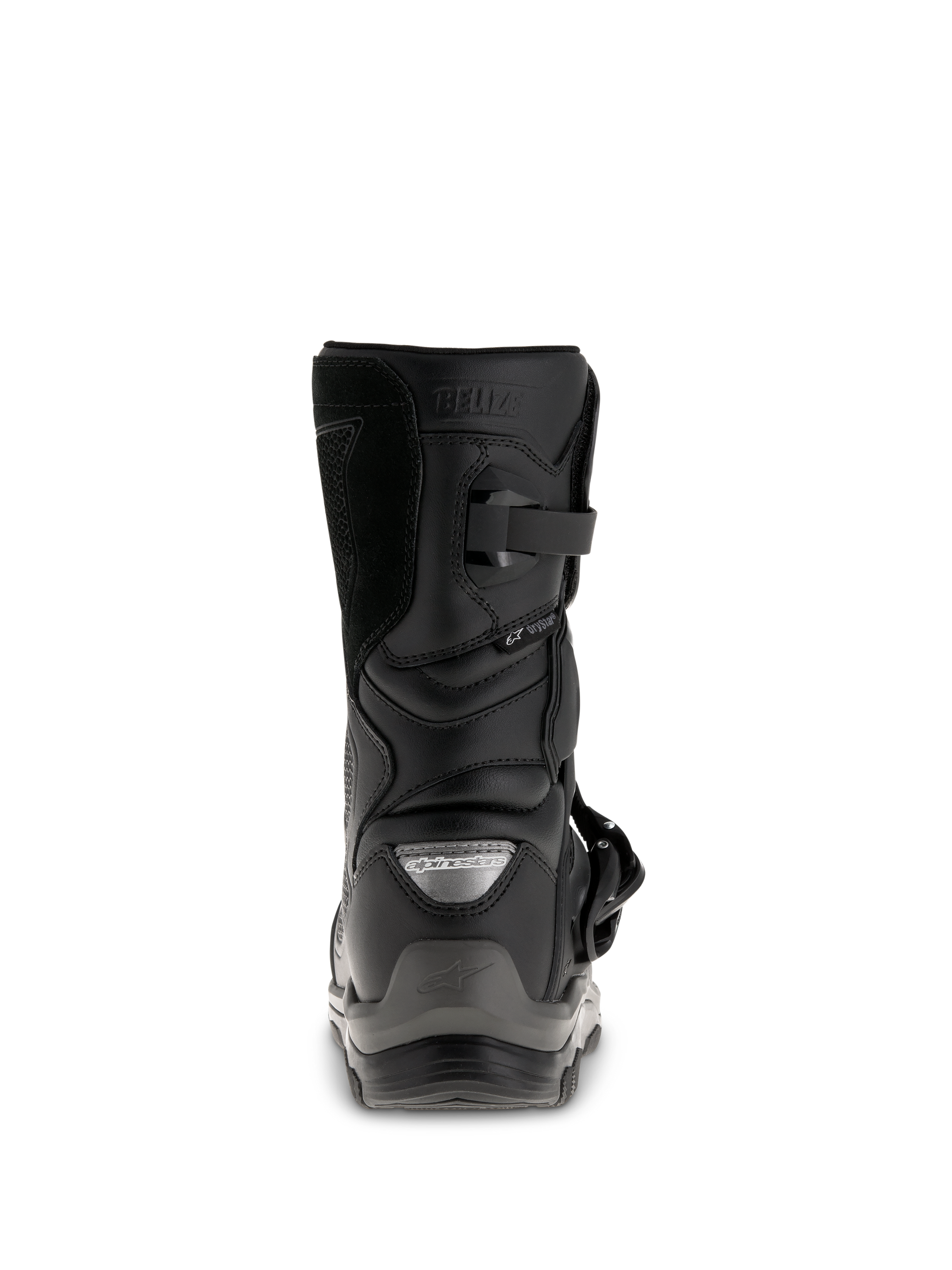 Alpinestars Belize Drystar® Boots, Black adventure touring motorcycle boots, rear view showing the heel counter, buckle closure, and waterproof Drystar® branding.
