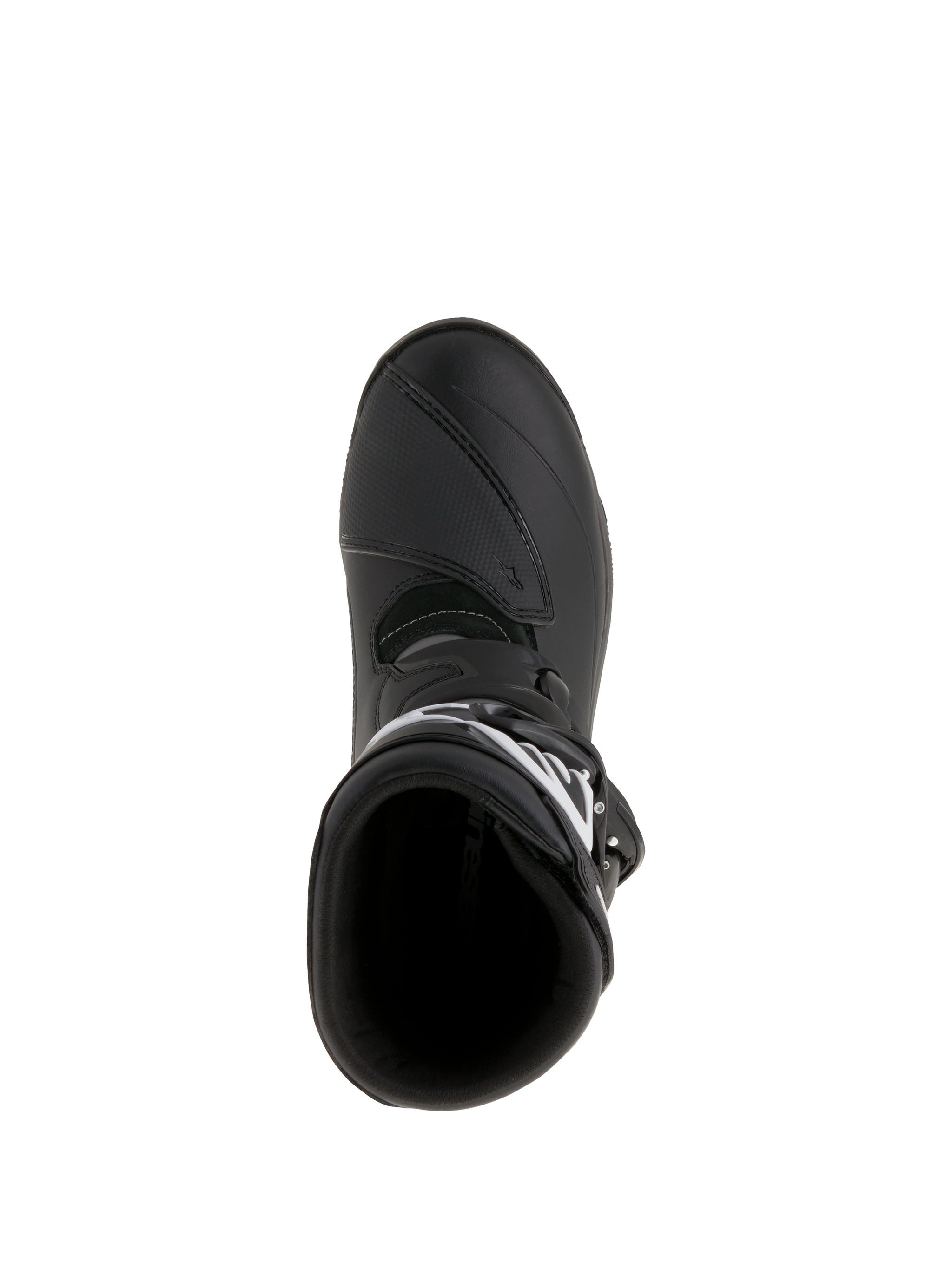 Alpinestars Belize Drystar® Boots, Adventure Touring Motorcycle Boots, Black, top-down view showing the entry aperture and reinforced shift pad, waterproof leather and microfiber construction