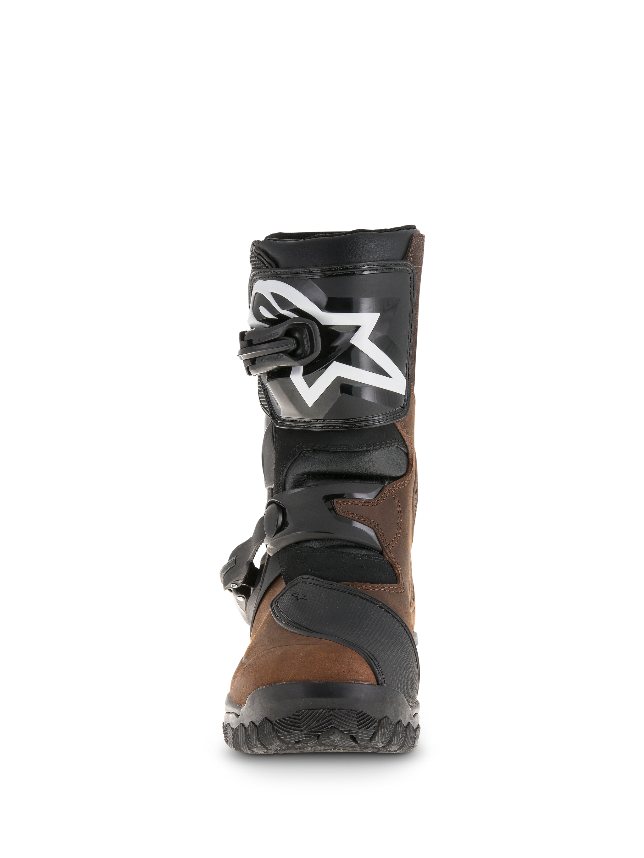 Alpinestars Belize Drystar® Boots, Adventure Touring Boots, Oiled Brown and Black, front view showing TPU shin plate with white star logo, dual buckle closure system, and rugged textured sole