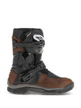 Alpinestars Belize Drystar Boots, short-calf adventure touring motorcycle boots, Oiled Brown and Black leather, features lateral flexi-blade ankle protection, two adjustable ratchet buckles, and a durable textured rubber sole.