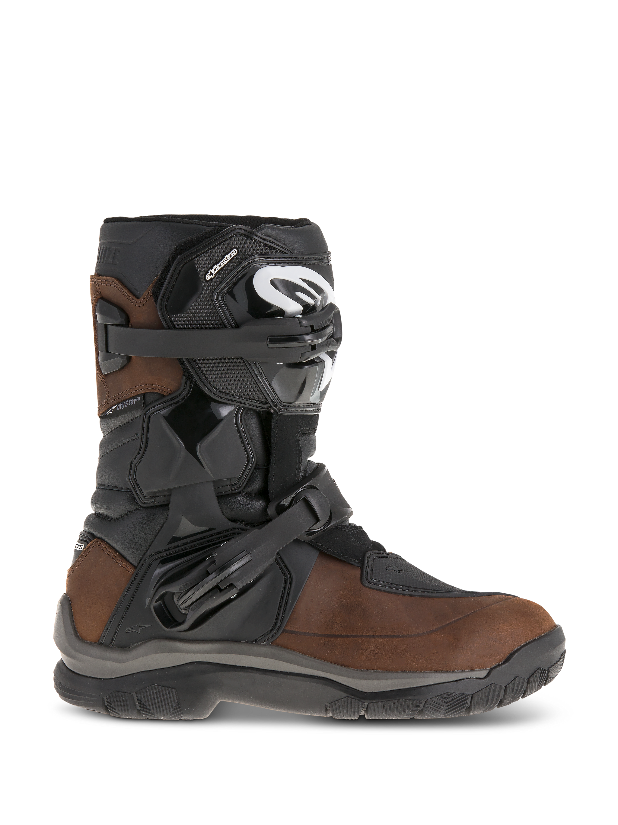 Alpinestars Belize Drystar Boots, short-calf adventure touring motorcycle boots, Oiled Brown and Black leather, features lateral flexi-blade ankle protection, two adjustable ratchet buckles, and a durable textured rubber sole.