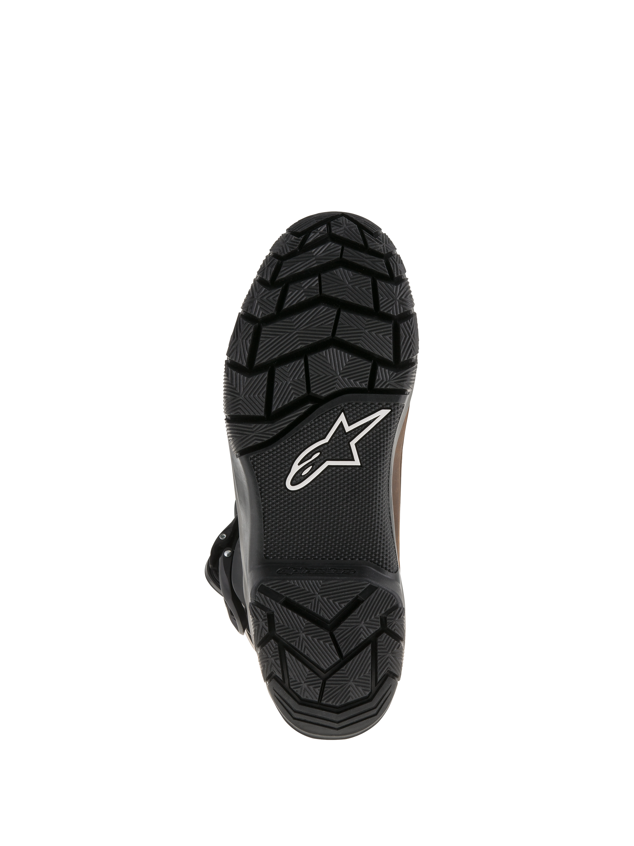 Alpinestars Belize Drystar® Boots, black vulcanized rubber outsole with rugged textured tread pattern, featuring white Alpinestars star logo, durable grip design for adventure touring