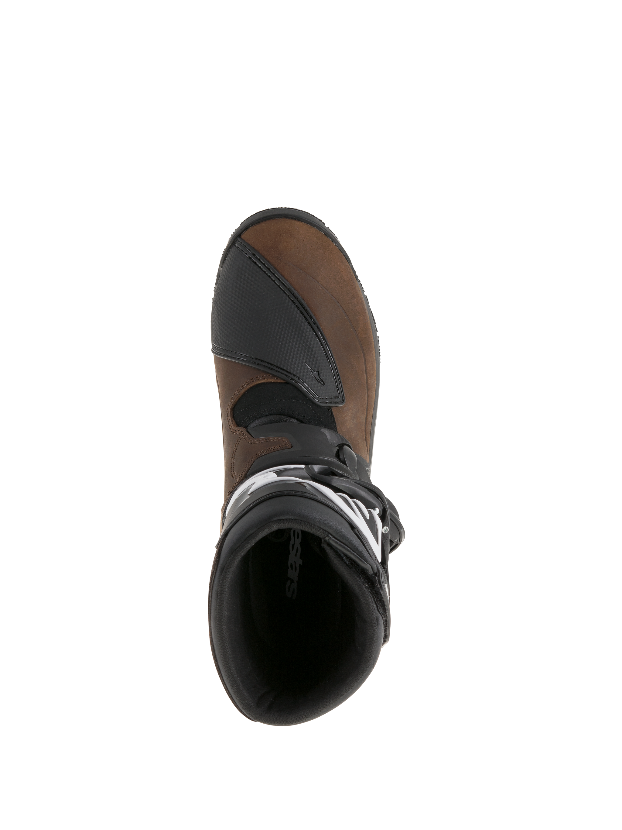 Alpinestars Belize Drystar® Boots, Oiled Brown and Black, top-down view showing the interior lining and textured shift pad, leather adventure touring motorcycle boots