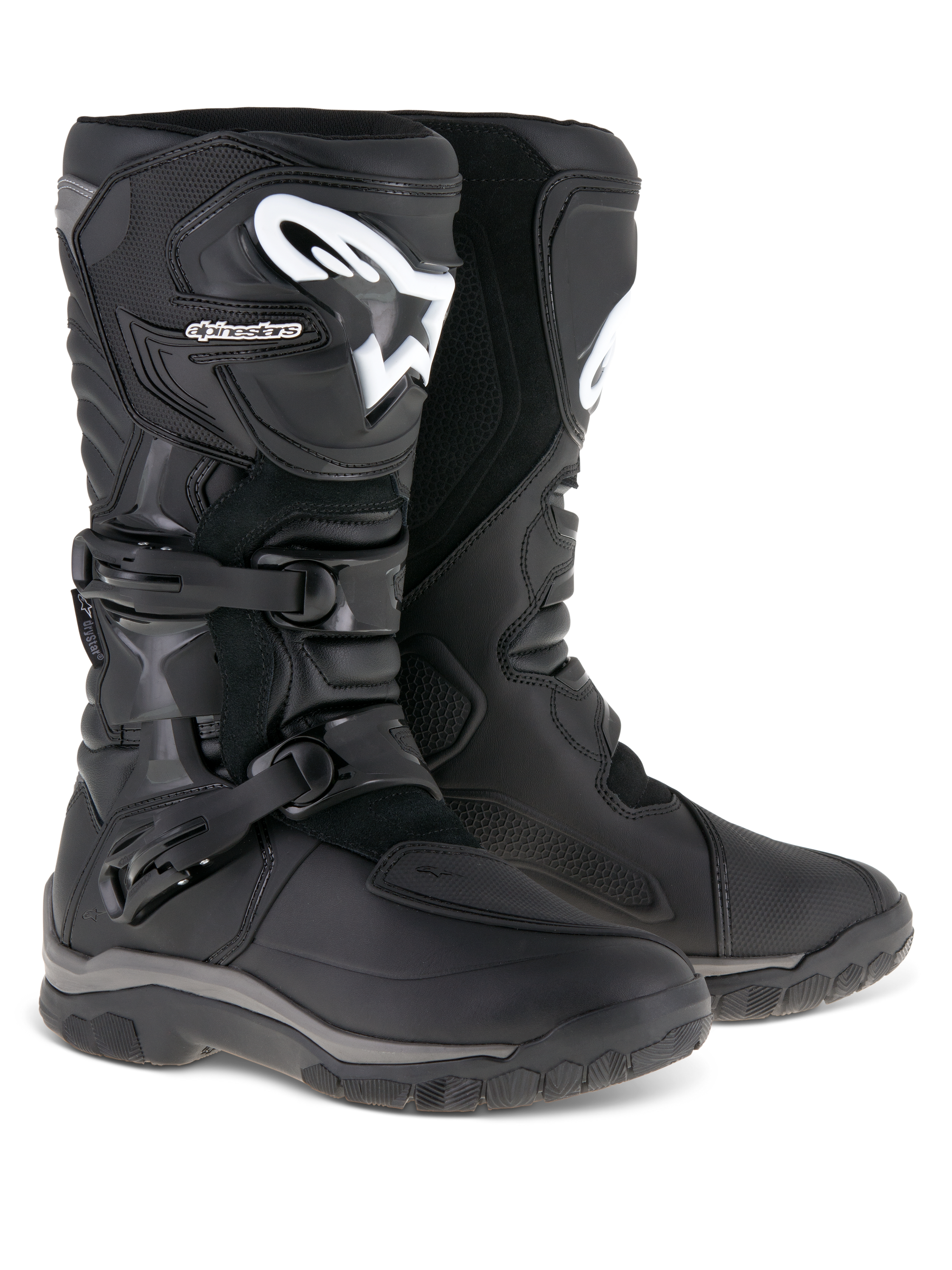 Alpinestars Corozal Adventure Drystar® Boots, Black, adventure touring motorcycle boots with white Astar logo on shin plate, dual buckle closure system, and rugged multi-material construction for all-terrain performance.