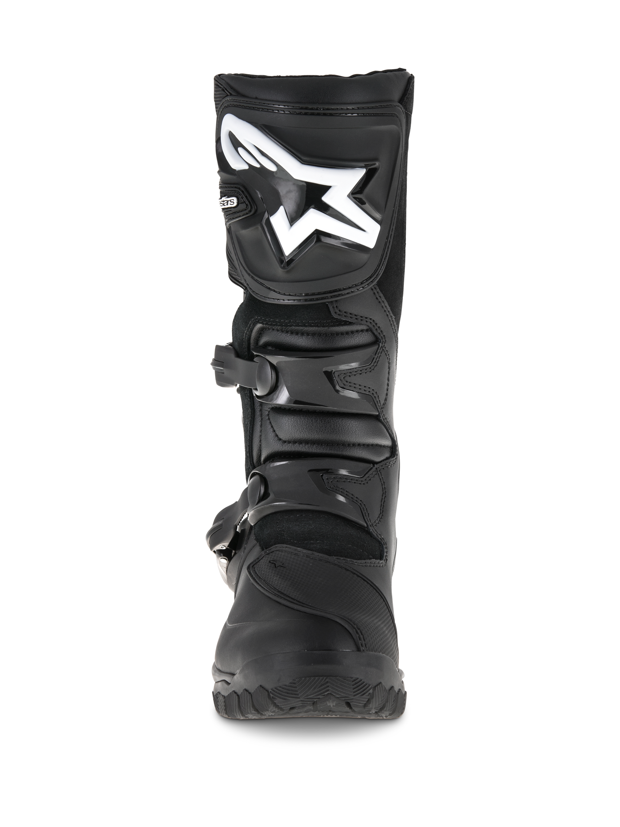 Alpinestars Corozal Adventure Drystar® Boots, Black adventure touring boots, front view featuring a prominent white logo on the shin plate, durable multi-material construction with buckle closures, designed for all-weather motorcycle riding.