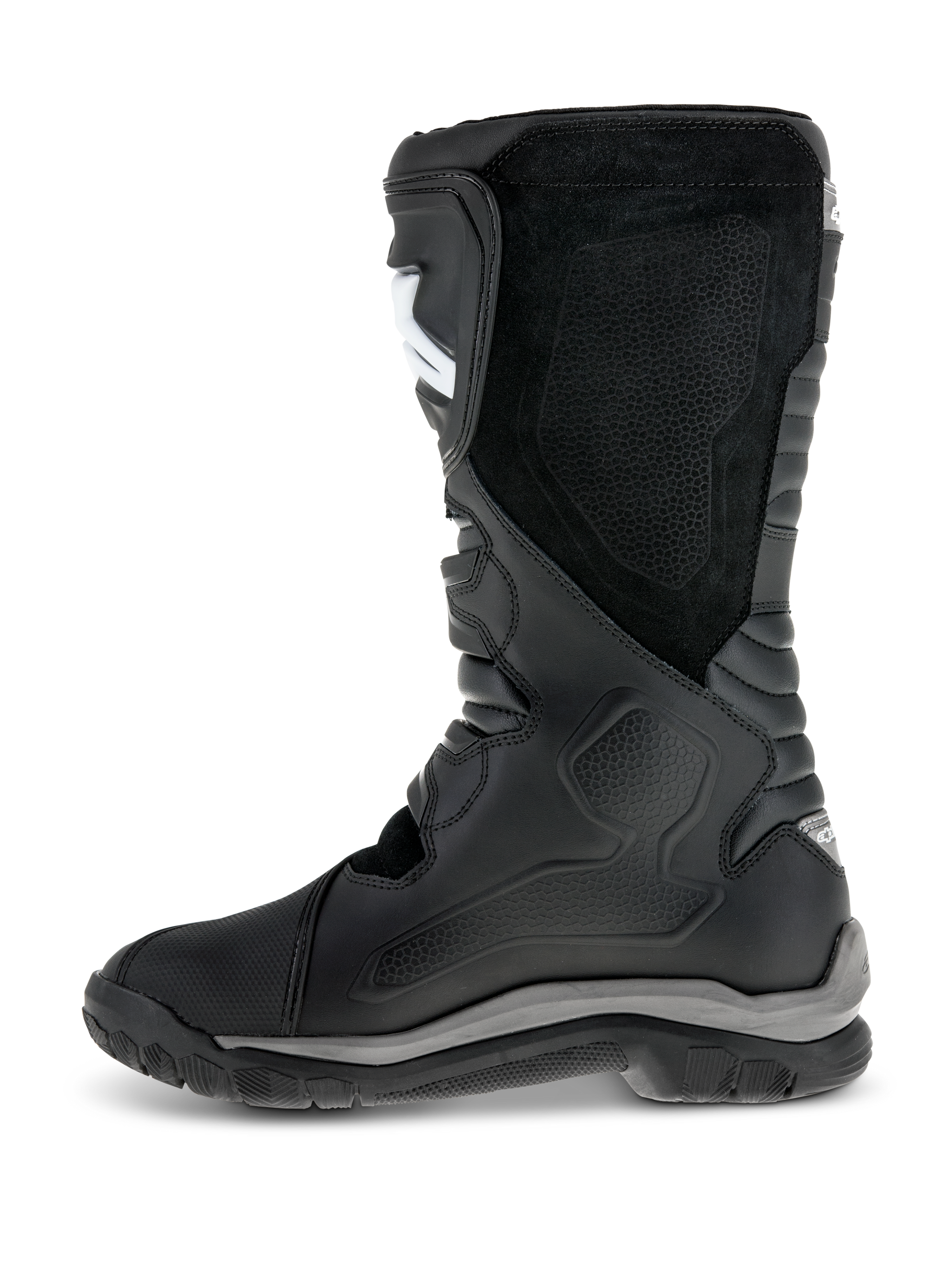 Alpinestars Corozal Adventure Drystar® Boots, Black adventure touring motorcycle boots, medial side profile featuring suede grip panels and accordion flex zones, white shin plate logo, durable grey and black sole
