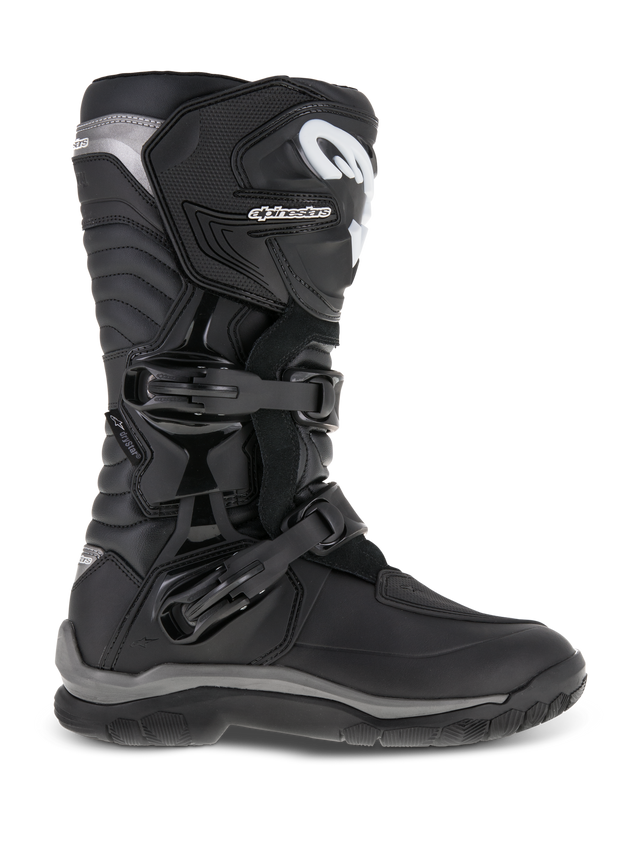 Alpinestars Corozal Adventure Drystar Boots, Motorcycle Adventure Touring Boots, Black with White and Gray Accents, Tall Design with Dual Buckle Closure, Reinforced Toe and Ankle Protection, Textured Grip Sole, Durable Synthetic Construction