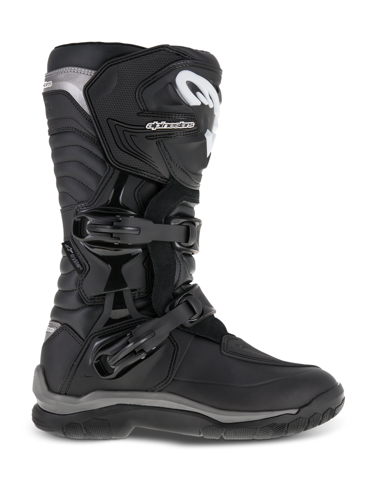 Alpinestars Corozal Adventure Drystar Boots, Motorcycle Adventure Touring Boots, Black with White and Gray Accents, Tall Design with Dual Buckle Closure, Reinforced Toe and Ankle Protection, Textured Grip Sole, Durable Synthetic Construction