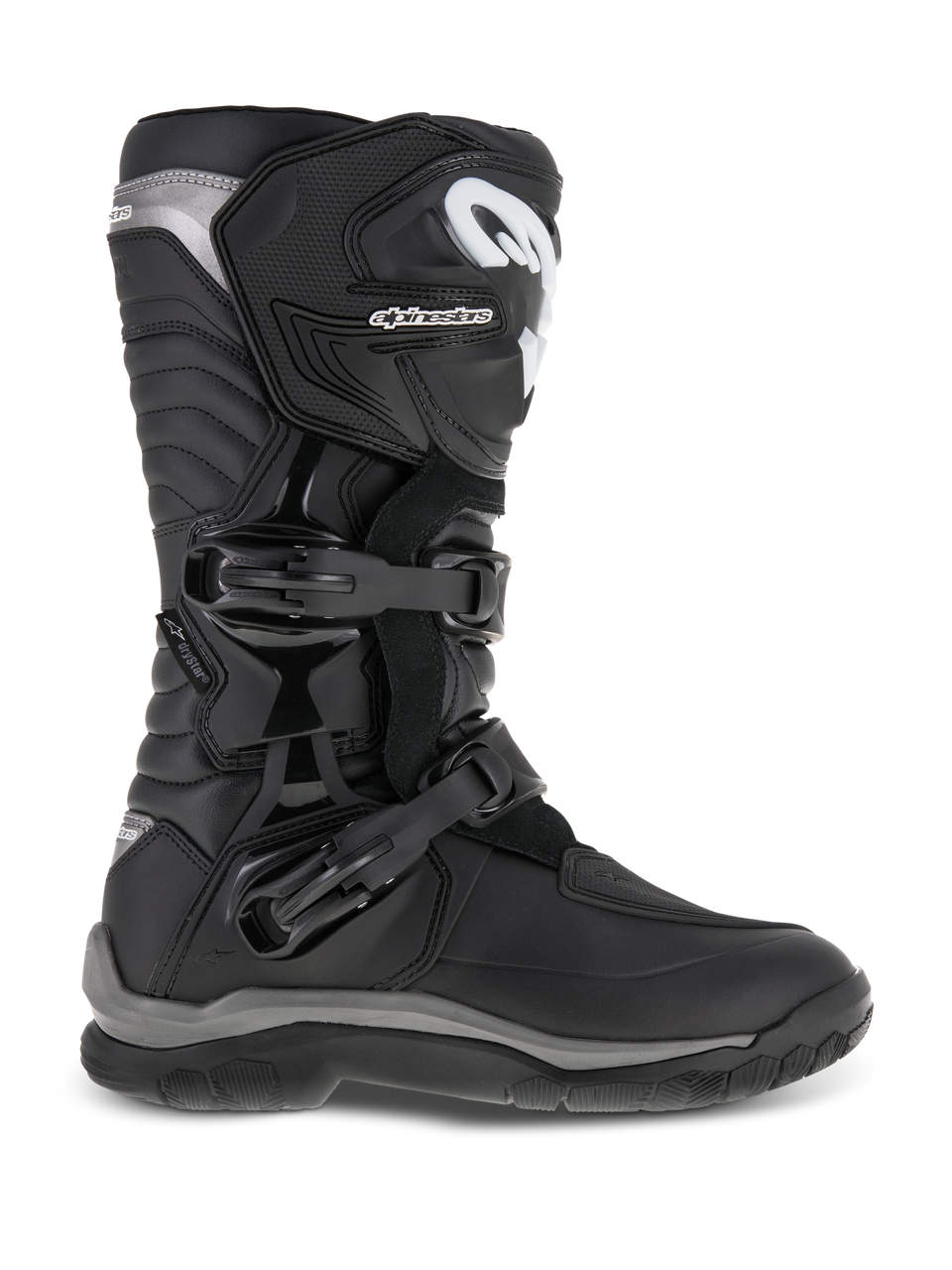 Alpinestars Corozal Adventure Drystar Boots, Motorcycle Adventure Touring Boots, Black with White and Gray Accents, Tall Design with Dual Buckle Closure, Reinforced Toe and Ankle Protection, Textured Grip Sole, Durable Synthetic Construction