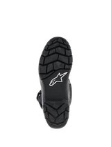Alpinestars Corozal Adventure Drystar® Boots, Black, sole view featuring a rugged vulcanized rubber tread with a white Astars logo on the arch and embossed branding on the heel, designed for adventure touring grip.