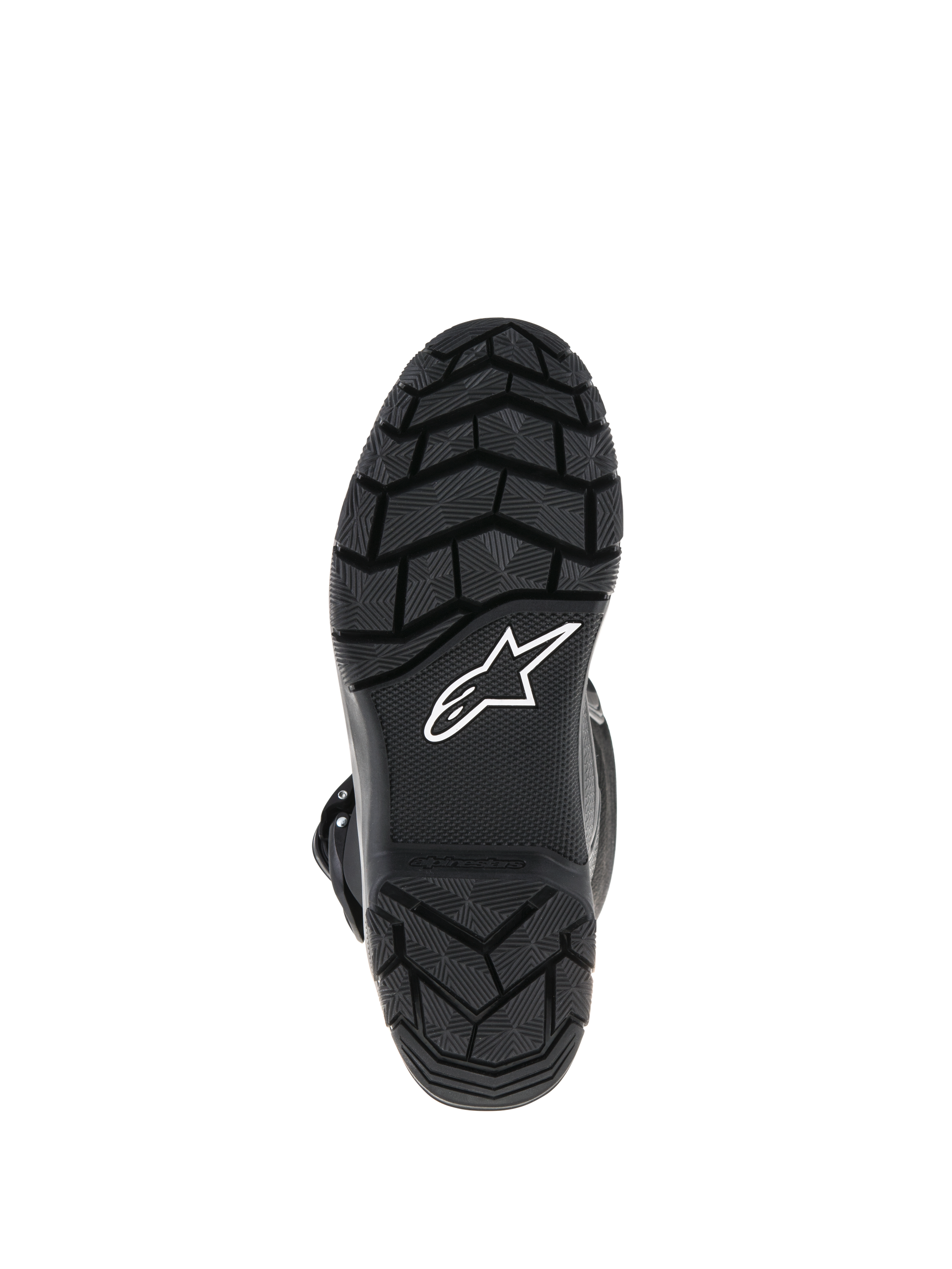 Alpinestars Corozal Adventure Drystar® Boots, Black, sole view featuring a rugged vulcanized rubber tread with a white Astars logo on the arch and embossed branding on the heel, designed for adventure touring grip.
