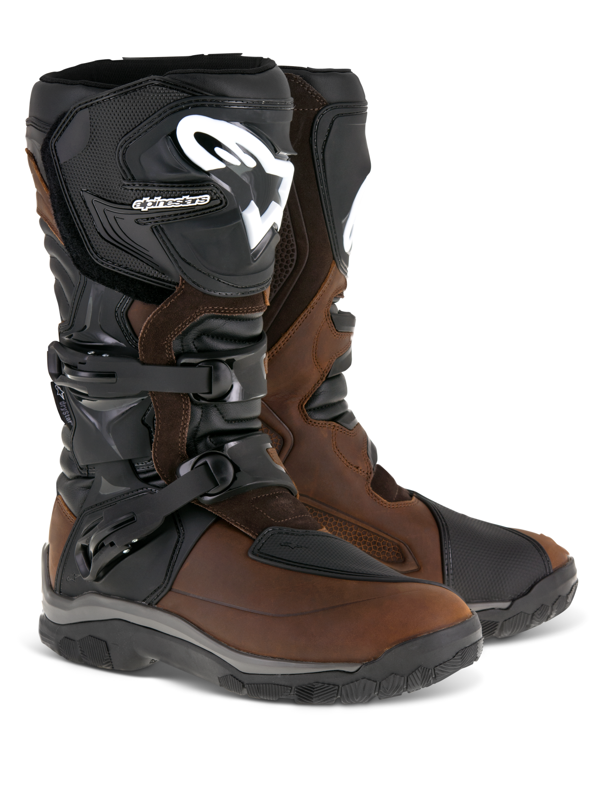 Alpinestars Corozal Adventure Drystar Oiled Leather Boots, Brown and Black, tall adventure touring motorcycle boots featuring dual buckle closure, white Alpinestars logo on the shin plate, and rugged all-terrain outsoles