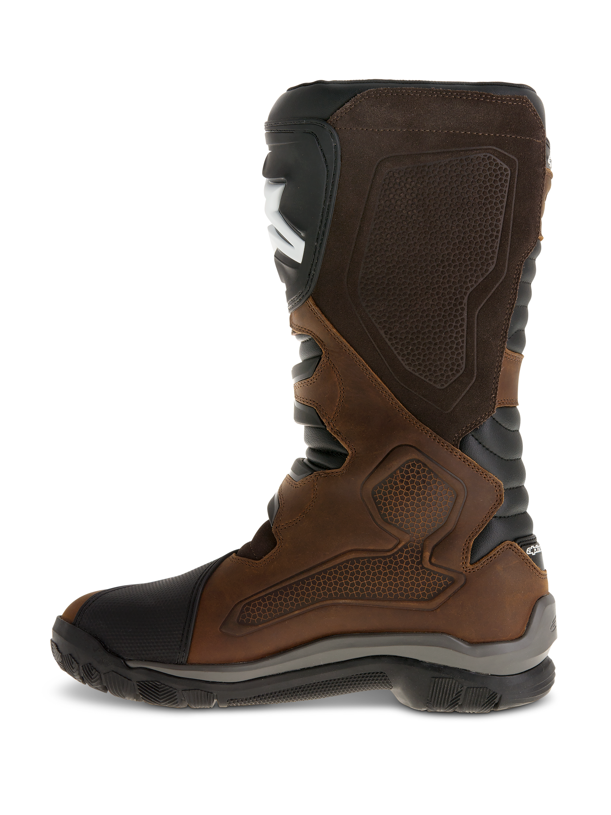 Alpinestars Corozal Adventure Drystar® Oiled Leather Boots, Adventure Motorcycle Boots, Brown and Black, side view featuring premium oiled leather and suede construction, textured medial grip panels, black protective shin plate with white logo, and rugged vulcanized rubber outsole.