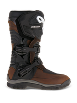 Alpinestars Corozal Adventure Drystar Oiled Leather Boots, Brown and Black, profile view showing full-grain oiled leather chassis, two-buckle closure system, and reinforced TPU shin plate, adventure touring motorcycle footwear