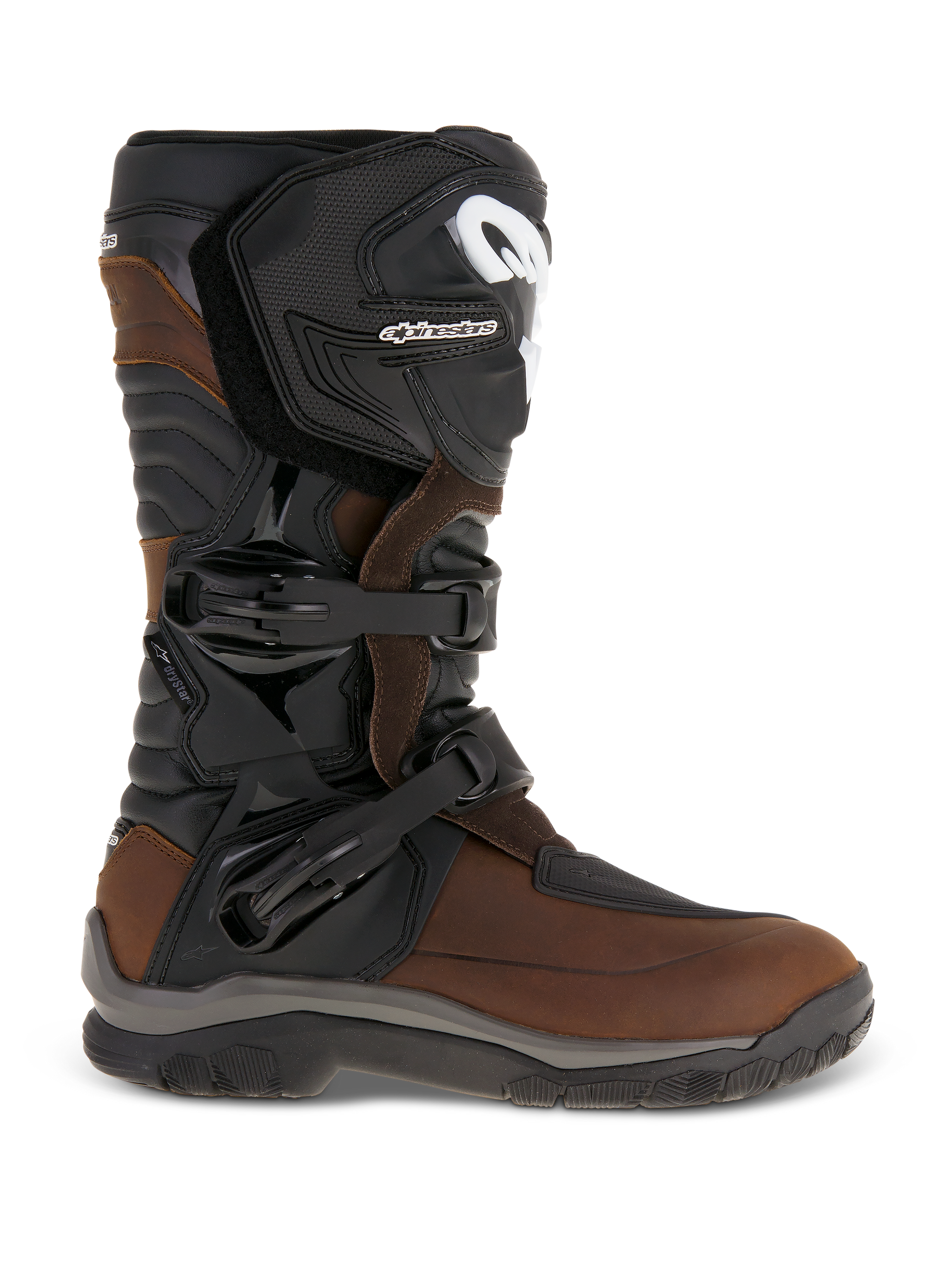 Alpinestars Corozal Adventure Drystar Oiled Leather Boots, Brown and Black, profile view showing full-grain oiled leather chassis, two-buckle closure system, and reinforced TPU shin plate, adventure touring motorcycle footwear
