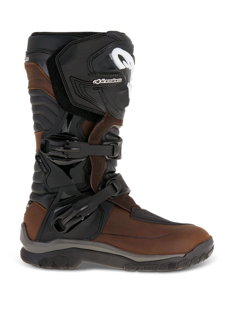 Alpinestars Corozal Adventure Drystar Oiled Leather Boots, Brown and Black, profile view showing full-grain oiled leather chassis, two-buckle closure system, and reinforced TPU shin plate, adventure touring motorcycle footwear