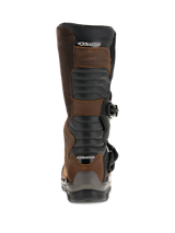 Alpinestars Corozal Adventure Drystar® Oiled Leather Boots, Brown and Black, rear view featuring premium oiled leather construction, biomechanical lateral flexi-blade system, and protective TPU heel and calf plates