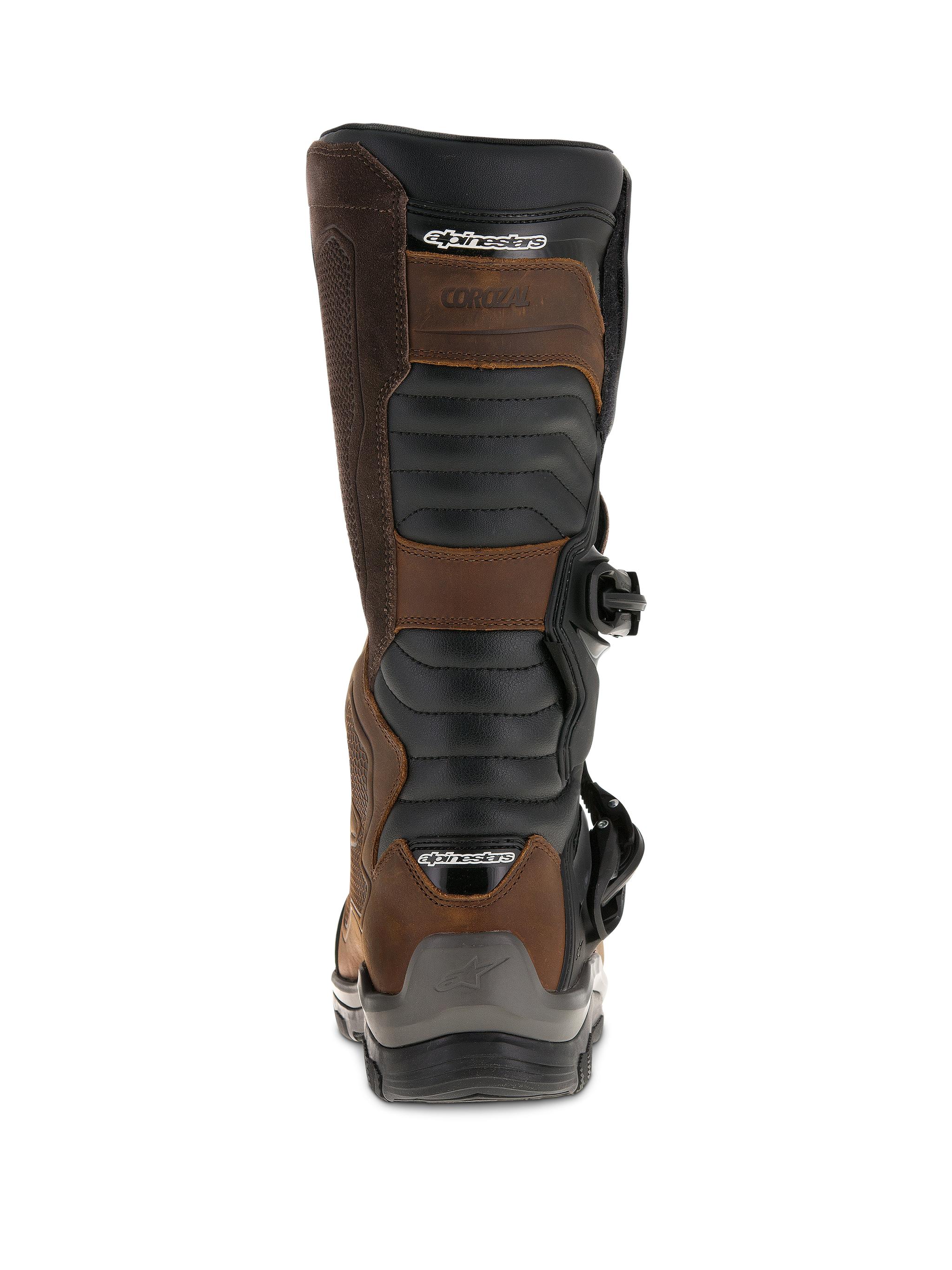 Alpinestars Corozal Adventure Drystar® Oiled Leather Boots, Brown and Black, rear view featuring premium oiled leather construction, biomechanical lateral flexi-blade system, and protective TPU heel and calf plates