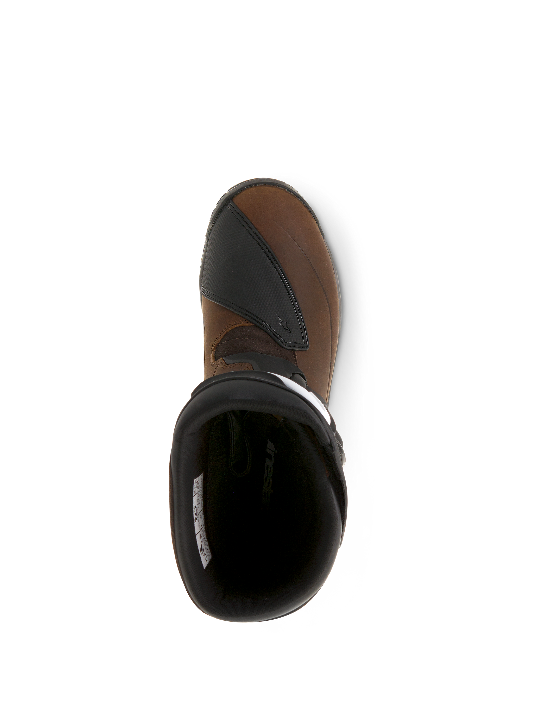 Alpinestars Corozal Adventure Drystar® Oiled Leather Boots, Brown and Black motorcycle boots, top-down view showing the oiled leather toe and textured black shift pad, durable adventure touring design