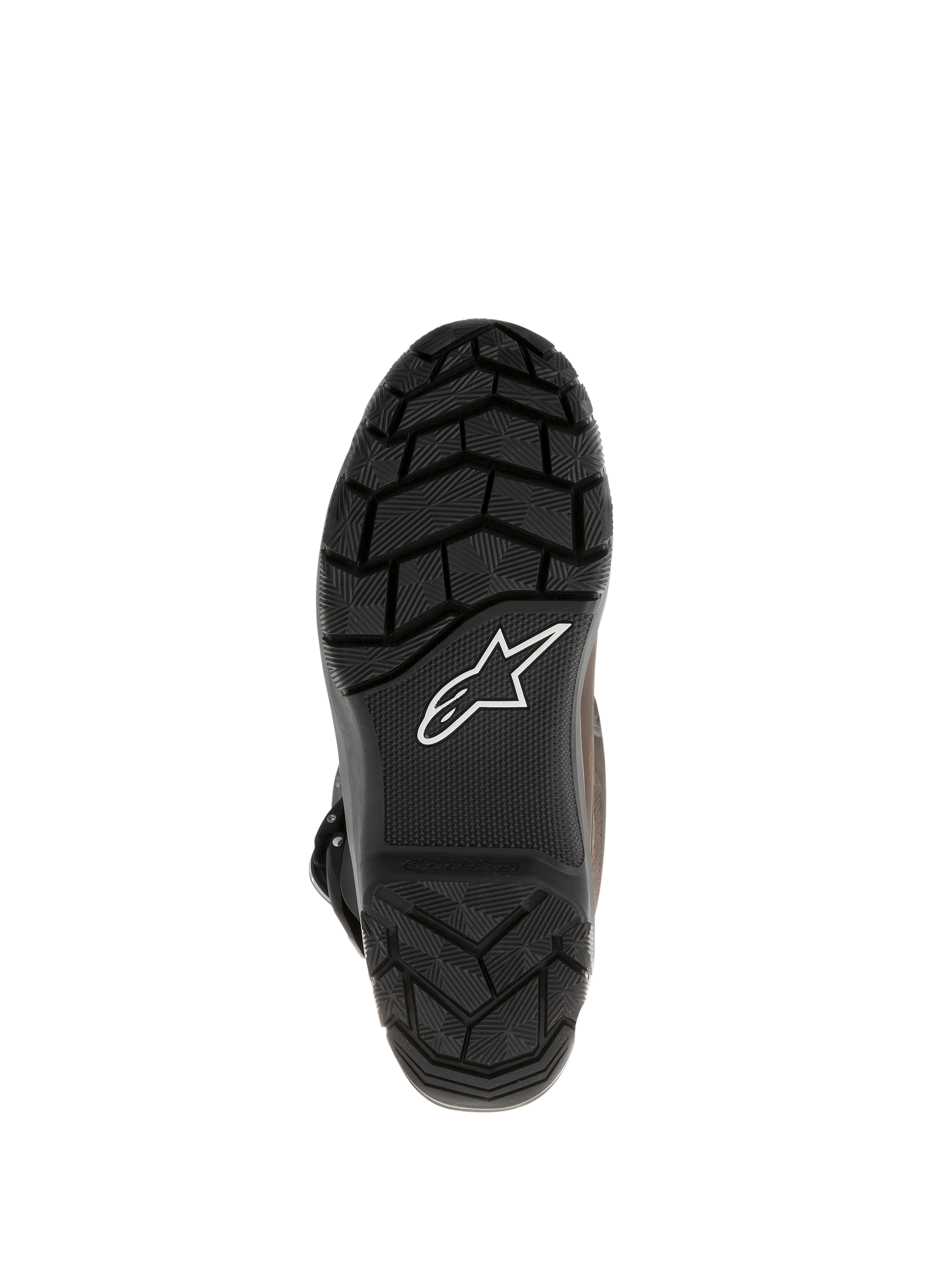Alpinestars Corozal Adventure Drystar® Oiled Leather Boots, sole view showing black vulcanized rubber with rugged tread pattern, white Alpinestars logo, designed for adventure touring and off-road grip