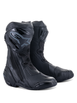 Alpinestars Supertech R Boots, Motorcycle Racing Boots, Black on Black, featuring protective TPU shin plates, replaceable sliders, and a streamlined performance design for road and track riding.