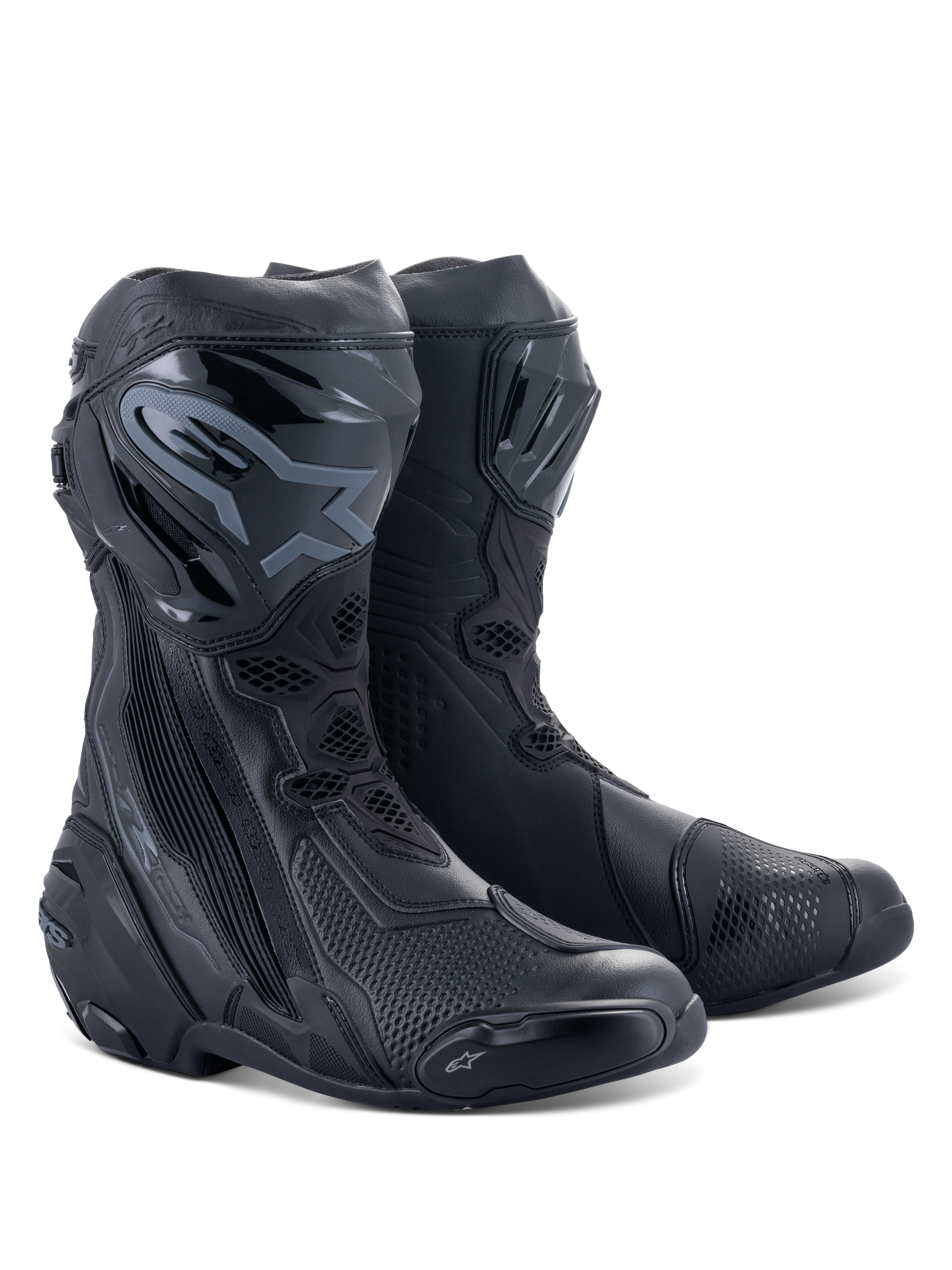 Alpinestars Supertech R Boots, Motorcycle Racing Boots, Black on Black, featuring protective TPU shin plates, replaceable sliders, and a streamlined performance design for road and track riding.