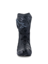 Alpinestars Supertech R Boots, Racing Motorcycle Boots, Black and Black, front view showing the TPU shin plate with logo, mesh ventilation panels, and streamlined protective construction