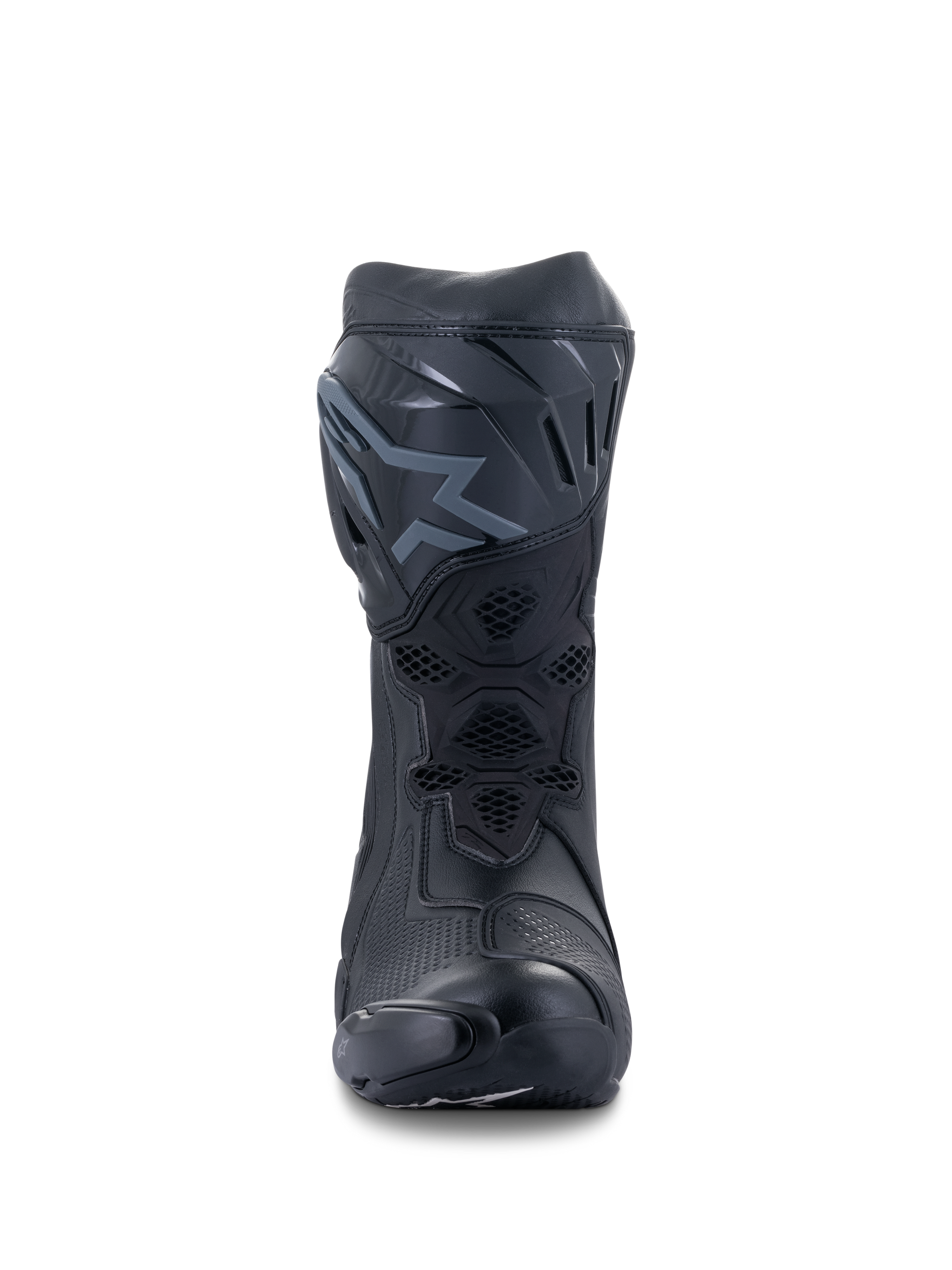 Alpinestars Supertech R Boots, Racing Motorcycle Boots, Black and Black, front view showing the TPU shin plate with logo, mesh ventilation panels, and streamlined protective construction